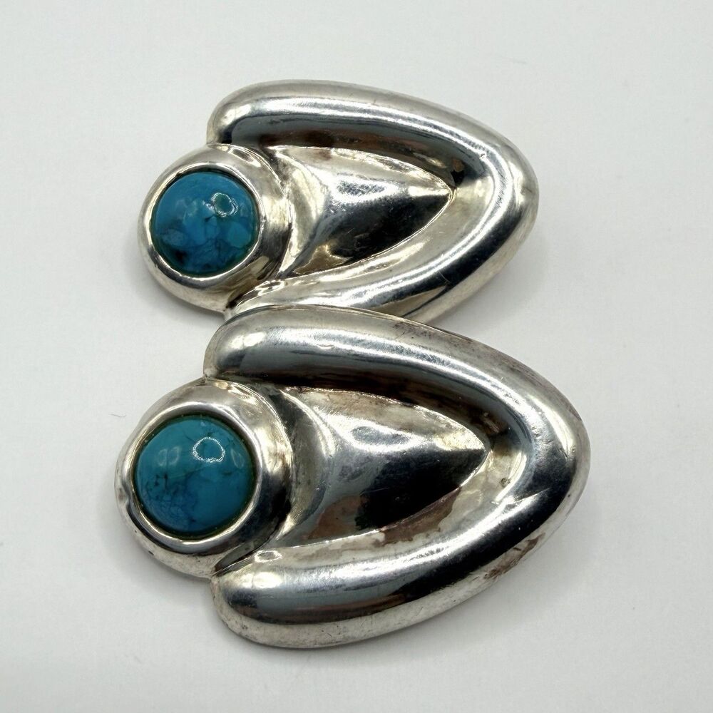 925 Sterling Silver Turquoise Color Stone Clip On Earrings 18.5g 1.6" Large